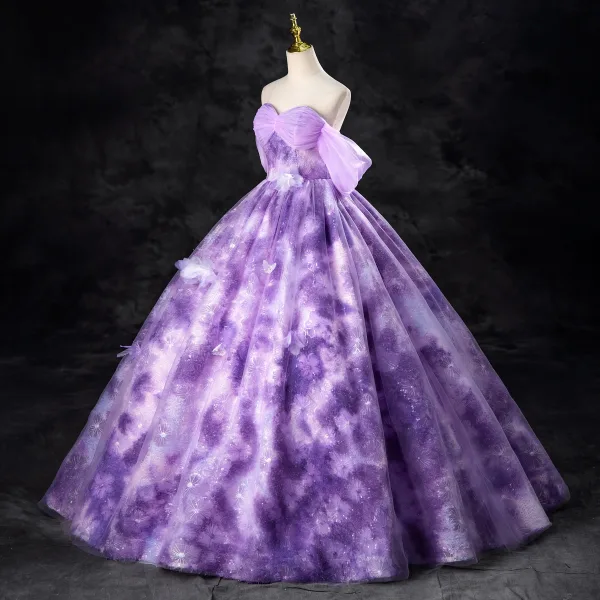 Chic / Beautiful Lilac Sequins Appliques Prom Dresses Ball Gown 2024 Strapless Sleeveless Backless Floor-Length / Long Prom Formal Dresses