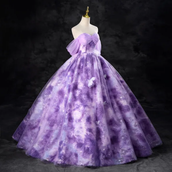 Chic / Beautiful Lilac Sequins Appliques Prom Dresses Ball Gown 2024 Strapless Sleeveless Backless Floor-Length / Long Prom Formal Dresses