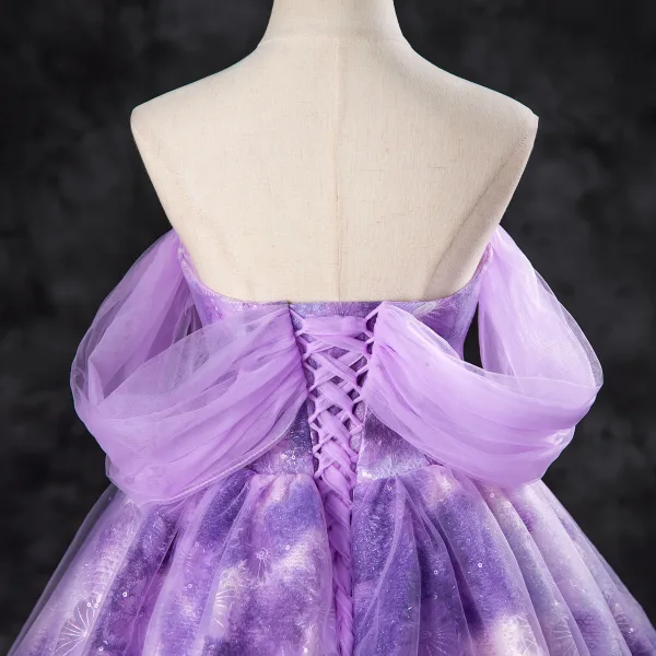 Chic / Beautiful Lilac Sequins Appliques Prom Dresses Ball Gown 2024 Strapless Sleeveless Backless Floor-Length / Long Prom Formal Dresses