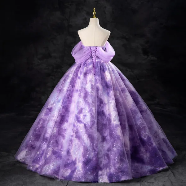 Chic / Beautiful Lilac Sequins Appliques Prom Dresses Ball Gown 2024 Strapless Sleeveless Backless Floor-Length / Long Prom Formal Dresses