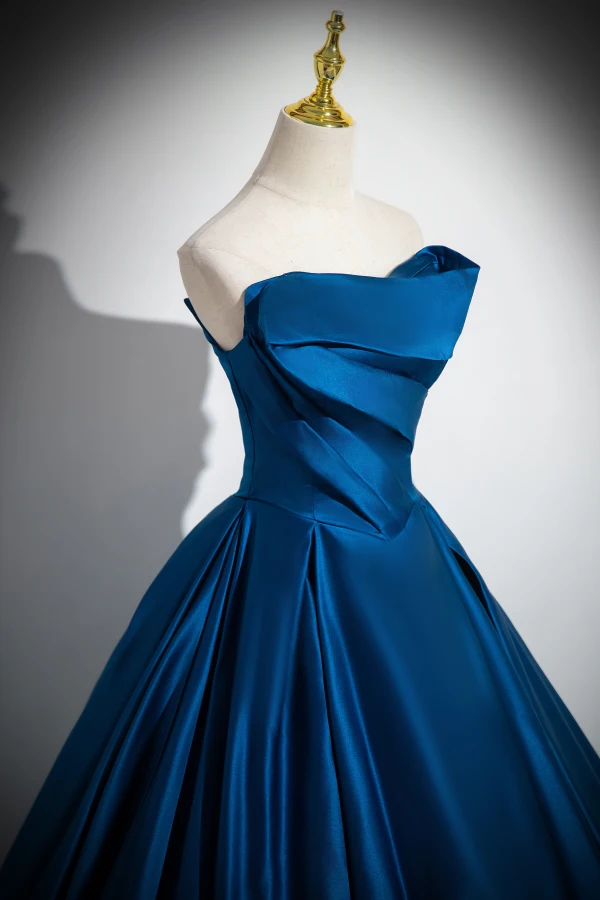 Vintage / Retro Navy Blue Satin Prom Dresses Ball Gown 2024 Strapless Sleeveless Backless Floor-Length / Long Prom Formal Dresses