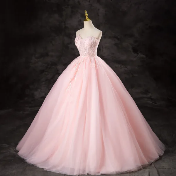 Chic / Belle Rose Bonbon Perlage Paillettes Robe De Bal 2024 Robe Boule Bustier Sans Manches Dos Nu Longue Promo Robe De Ceremonie