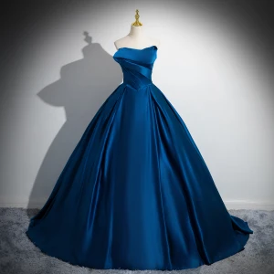 Vintage Mørk Marineblå Satin Ballkjoler Ballkjole 2024 Strapless Uten Ermer Ryggløse Lange Ball Formelle Kjoler