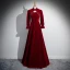 Chic / Beautiful Burgundy Pearl Velvet Prom Dresses 2024 Ball Gown High Neck Long Sleeve Backless Floor-Length / Long Prom Formal Dresses