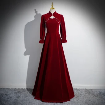 Chic Beautiful Burgundy Pearl Velvet Prom Dresses 2024 Ball Gown High Neck Long Sleeve Backless Floor Length Long Prom Formal Dresses