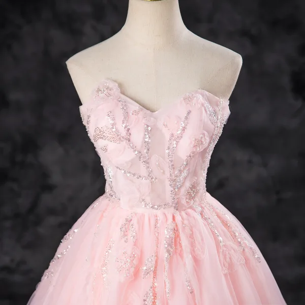 Chic / Belle Rose Bonbon Perlage Paillettes Robe De Bal 2024 Robe Boule Bustier Sans Manches Dos Nu Longue Promo Robe De Ceremonie