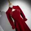 Chic / Beautiful Burgundy Pearl Velvet Prom Dresses 2024 Ball Gown High Neck Long Sleeve Backless Floor-Length / Long Prom Formal Dresses