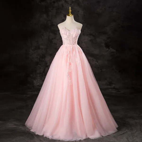 Chic / Belle Rose Bonbon Perlage Paillettes Robe De Bal 2024 Robe Boule Bustier Sans Manches Dos Nu Longue Promo Robe De Ceremonie