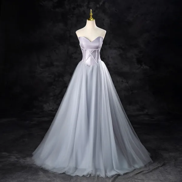 Elegant Silver Grey Beading Prom Dresses 2024 Ball Gown Strapless Sleeveless Backless Floor-Length / Long Prom Formal Dresses