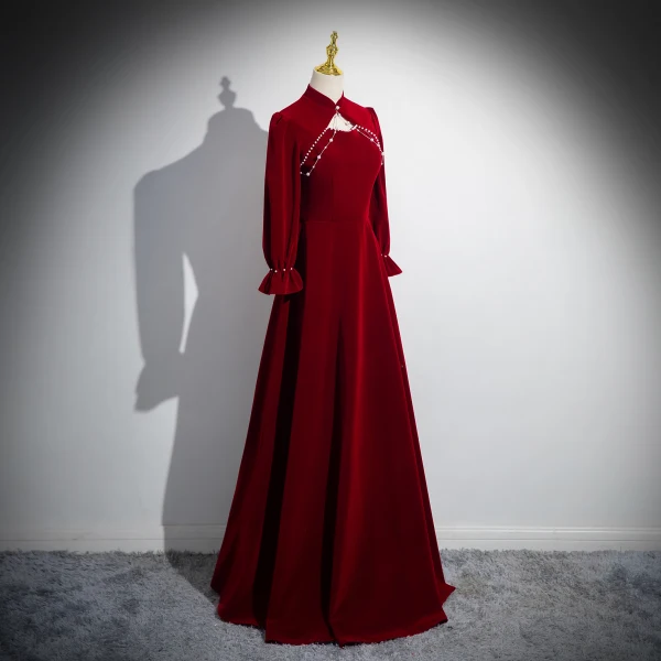Chic / Beautiful Burgundy Pearl Velvet Prom Dresses 2024 Ball Gown High Neck Long Sleeve Backless Floor-Length / Long Prom Formal Dresses