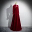 Chic / Beautiful Burgundy Pearl Velvet Prom Dresses 2024 Ball Gown High Neck Long Sleeve Backless Floor-Length / Long Prom Formal Dresses