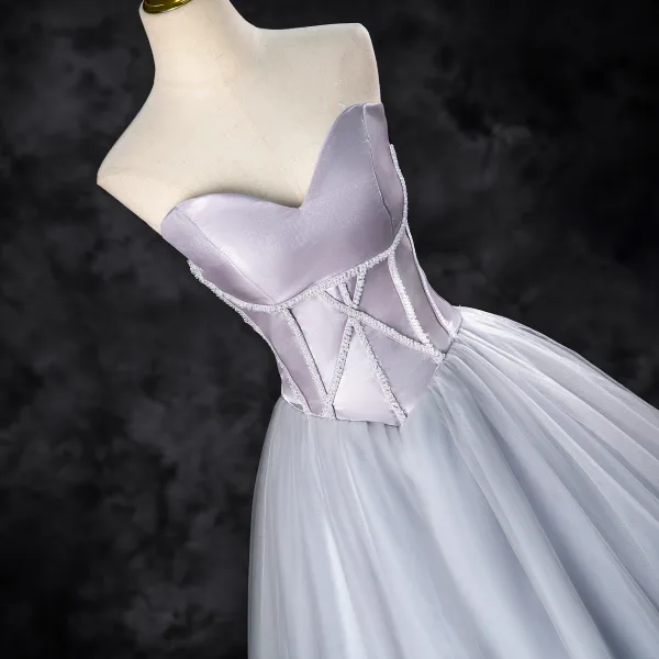 Elegant Silver Grey Beading Prom Dresses 2024 Ball Gown Strapless Sleeveless Backless Floor-Length / Long Prom Formal Dresses