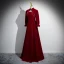 Chic / Beautiful Burgundy Pearl Velvet Prom Dresses 2024 Ball Gown High Neck Long Sleeve Backless Floor-Length / Long Prom Formal Dresses
