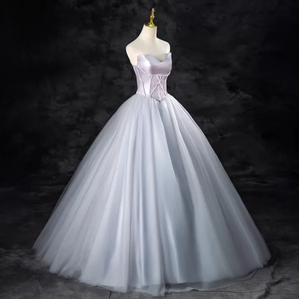 Elegant Silver Grey Beading Prom Dresses 2024 Ball Gown Strapless Sleeveless Backless Floor-Length / Long Prom Formal Dresses