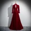 Chic / Beautiful Burgundy Pearl Velvet Prom Dresses 2024 Ball Gown High Neck Long Sleeve Backless Floor-Length / Long Prom Formal Dresses