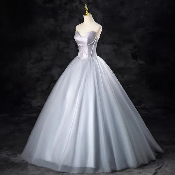 Elegant Silver Grey Beading Prom Dresses 2024 Ball Gown Strapless Sleeveless Backless Floor-Length / Long Prom Formal Dresses