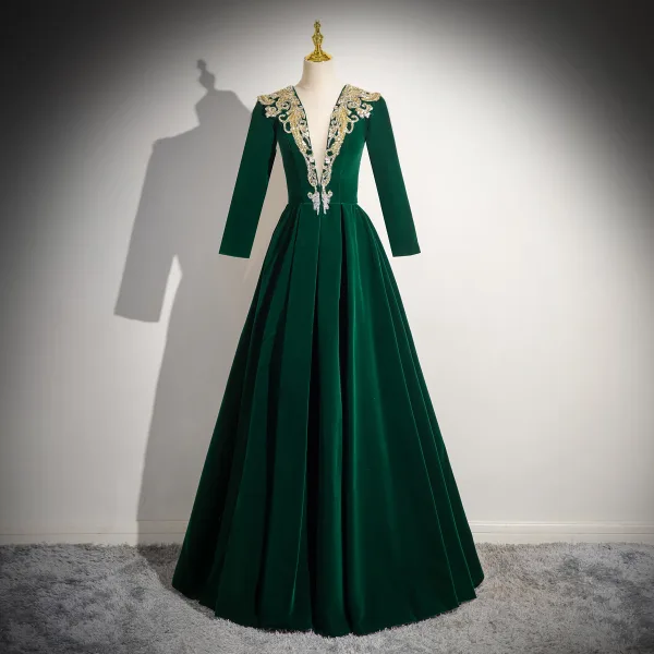 Elegante Dunkelgrün Perlenstickerei Pailletten Samt Ballkleider 2024 Ballkleid Rundhalsausschnitt Lange Ärmel Lange Ball Festliche Kleider