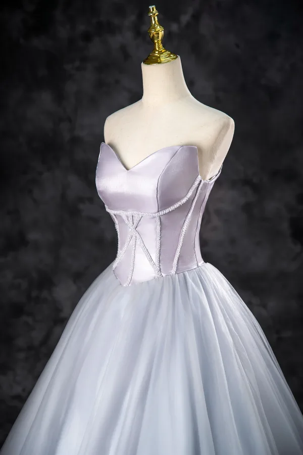 Elegant Silver Grey Beading Prom Dresses 2024 Ball Gown Strapless Sleeveless Backless Floor-Length / Long Prom Formal Dresses