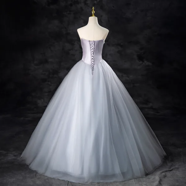 Elegant Silver Grey Beading Prom Dresses 2024 Ball Gown Strapless Sleeveless Backless Floor-Length / Long Prom Formal Dresses