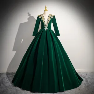 Elegant Dark Green Beading Sequins Velvet Prom Dresses 2024 Ball Gown Scoop Neck Long Sleeve Floor Length Long Prom Formal Dresses