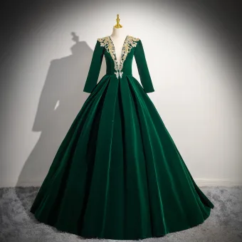 Elegant Dark Green Beading Sequins Velvet Prom Dresses 2024 Ball Gown Scoop Neck Long Sleeve Floor Length Long Prom Formal Dresses