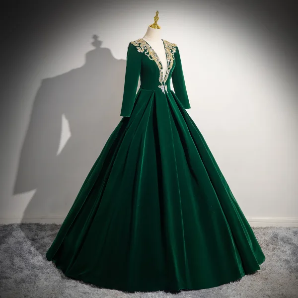Elegante Dunkelgrün Perlenstickerei Pailletten Samt Ballkleider 2024 Ballkleid Rundhalsausschnitt Lange Ärmel Lange Ball Festliche Kleider