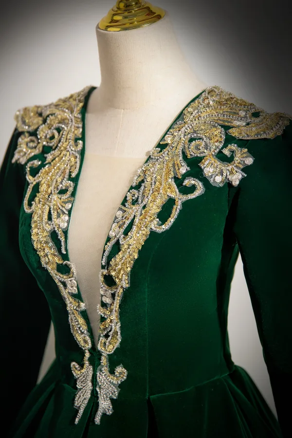Elegante Dunkelgrün Perlenstickerei Pailletten Samt Ballkleider 2024 Ballkleid Rundhalsausschnitt Lange Ärmel Lange Ball Festliche Kleider