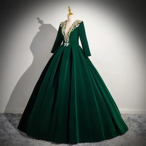 Elegante Dunkelgrün Perlenstickerei Pailletten Samt Ballkleider 2024 Ballkleid Rundhalsausschnitt Lange Ärmel Lange Ball Festliche Kleider