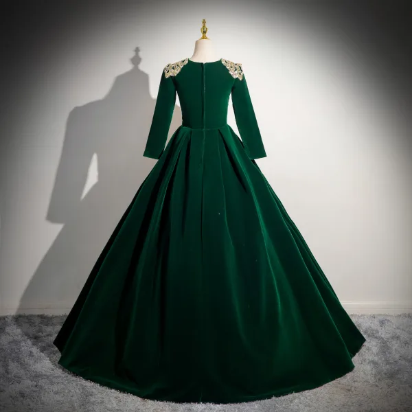 Elegante Dunkelgrün Perlenstickerei Pailletten Samt Ballkleider 2024 Ballkleid Rundhalsausschnitt Lange Ärmel Lange Ball Festliche Kleider