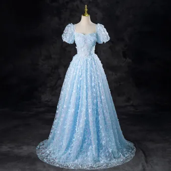 Flower Fairy Sky Blue Butterfly Appliques Sequins Prom Dresses 2024 A Line Princess Square Neckline Short Sleeve Backless Sweep Train Formal Dresses