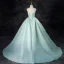 Chic / Beautiful Mint Green Lace Flower Prom Dresses 2024 A-Line / Princess Strapless Sleeveless Backless Sweep Train Prom Formal Dresses