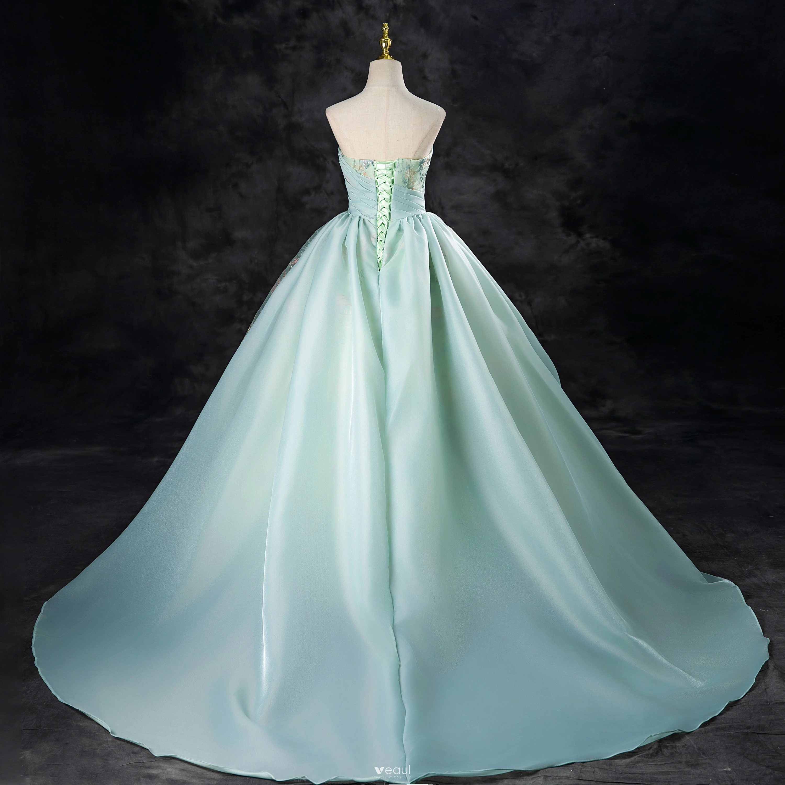 Chic / Beautiful Mint Green Lace Flower Prom Dresses 2024 A-Line / Princess  Strapless Sleeveless Backless Sweep Train Prom Formal Dresses