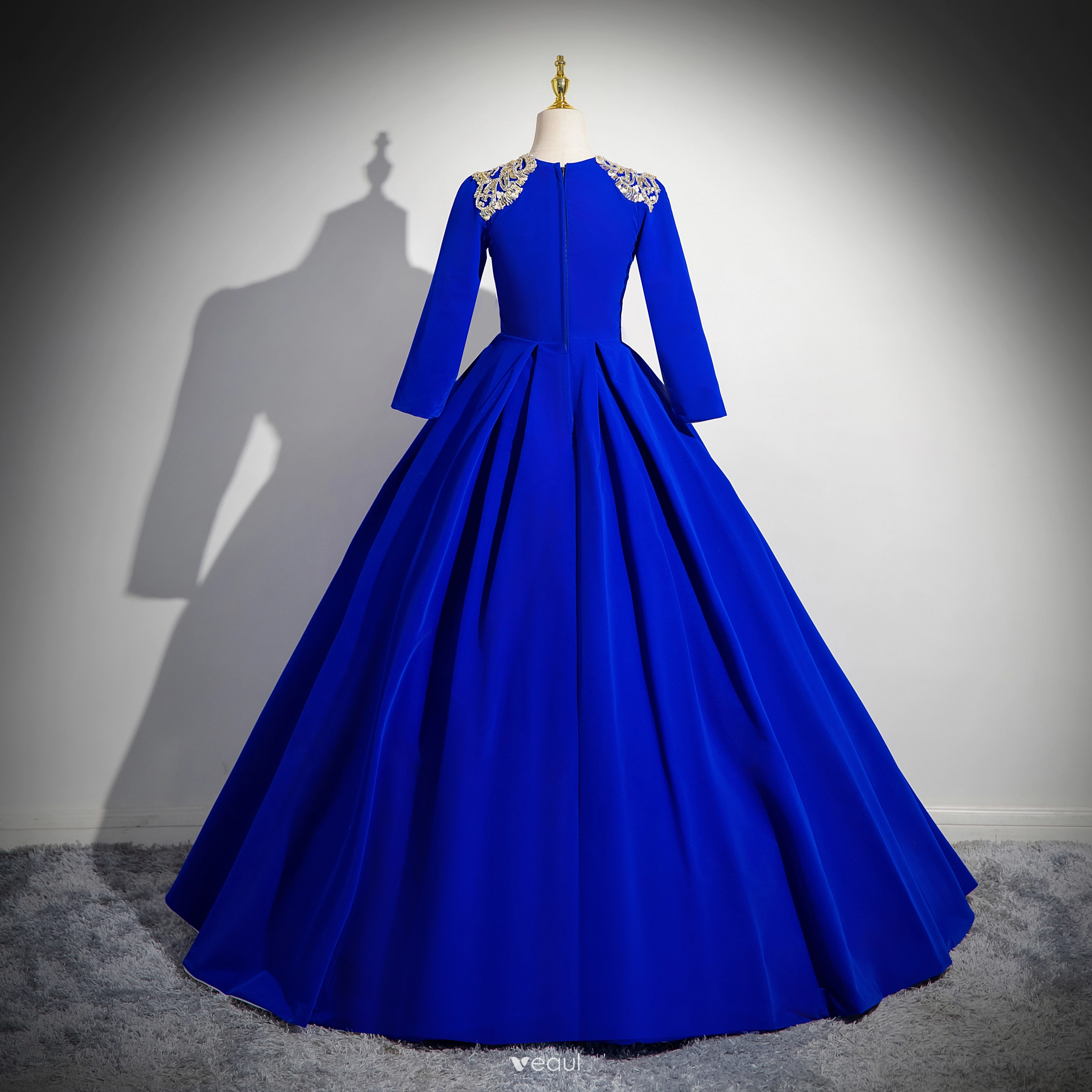 Vintage / Retro Royal Blue Beading Sequins Prom Dresses 2024 Ball Gown  V-Neck Long Sleeve Floor-Length / Long Prom Formal Dresses