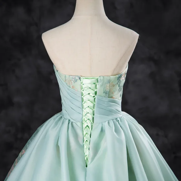 Chic / Beautiful Mint Green Lace Flower Prom Dresses 2024 A-Line / Princess Strapless Sleeveless Backless Sweep Train Prom Formal Dresses
