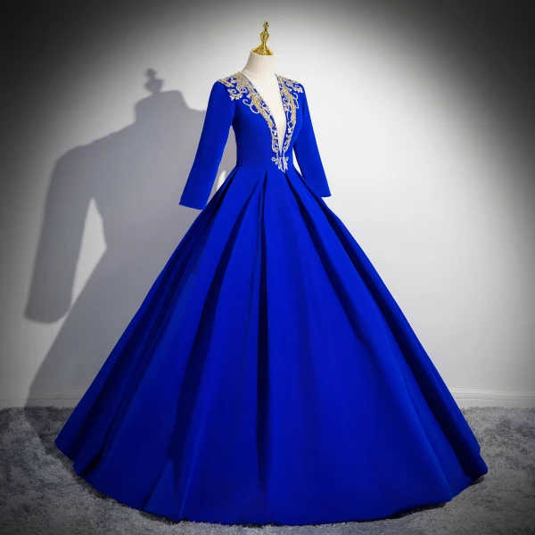 Vintage / Retro Royal Blue Beading Sequins Prom Dresses 2024 Ball Gown V-Neck Long Sleeve Floor-Length / Long Prom Formal Dresses