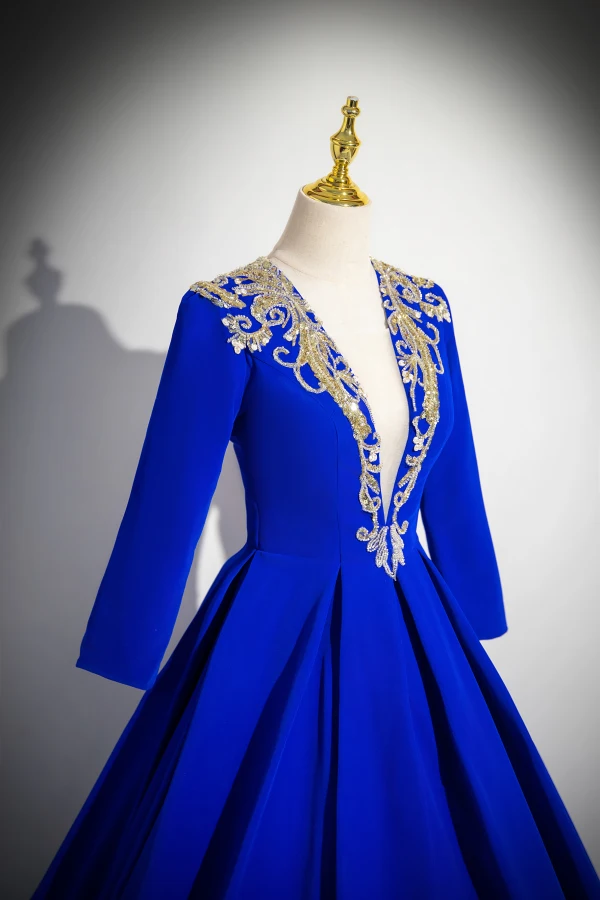 Vintage Retro Royal Blue Beading Sequins Prom Dresses 2024 Ball Gown V-Neck Long Sleeve Vintage Retro Royal Blue Beading Sequins Prom Dresses 2024 Ball Gown V-Neck Long Sleeve