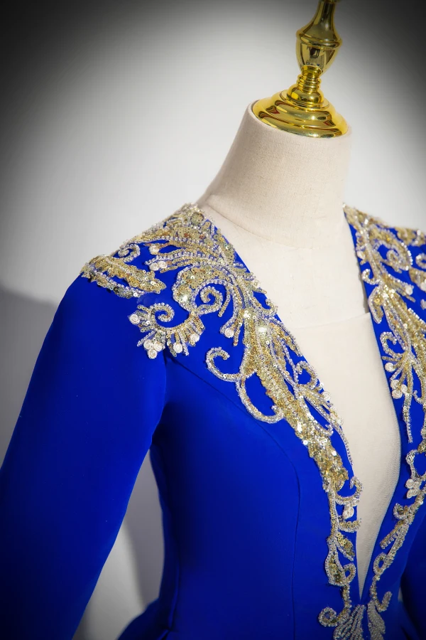 Vintage / Retro Royal Blue Beading Sequins Prom Dresses 2024 Ball Gown V-Neck Long Sleeve Floor-Length / Long Prom Formal Dresses