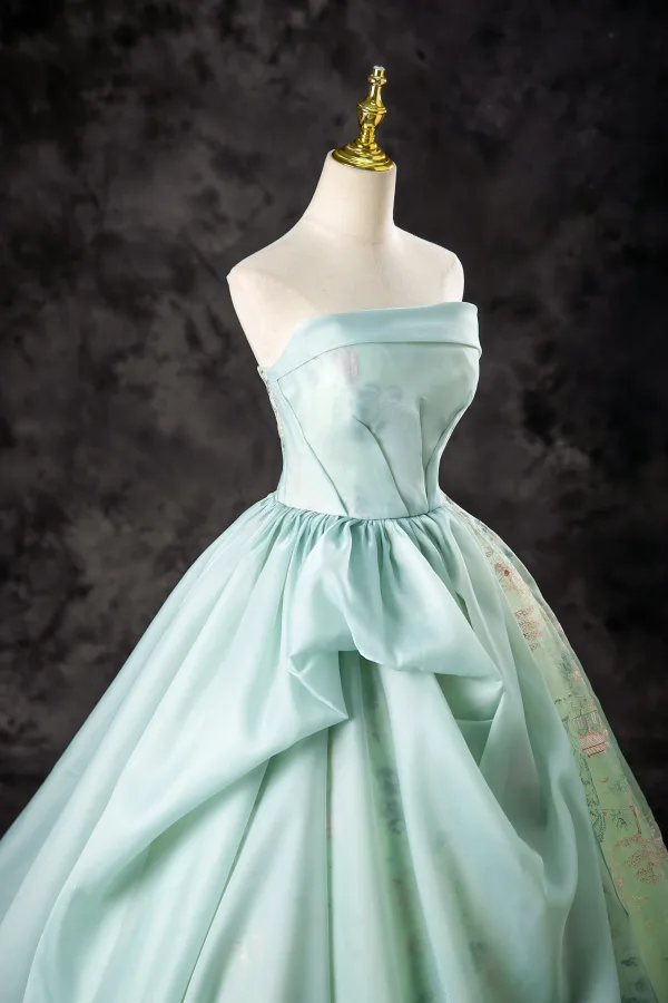 Chic / Beautiful Mint Green Lace Flower Prom Dresses 2024 A-Line / Princess Strapless Sleeveless Backless Sweep Train Prom Formal Dresses
