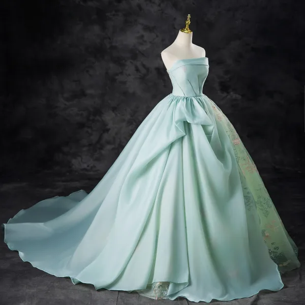 Chic / Beautiful Mint Green Lace Flower Prom Dresses 2024 A-Line / Princess Strapless Sleeveless Backless Sweep Train Prom Formal Dresses