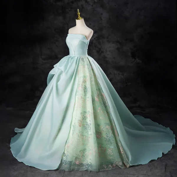 Chic / Beautiful Mint Green Lace Flower Prom Dresses 2024 A-Line / Princess Strapless Sleeveless Backless Sweep Train Prom Formal Dresses