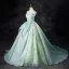 Chic / Beautiful Mint Green Lace Flower Prom Dresses 2024 A-Line / Princess Strapless Sleeveless Backless Sweep Train Prom Formal Dresses