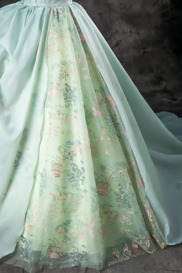 Chic / Beautiful Mint Green Lace Flower Prom Dresses 2024 A-Line / Princess Strapless Sleeveless Backless Sweep Train Prom Formal Dresses
