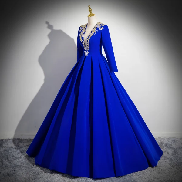 Vintage / Retro Royal Blue Beading Sequins Prom Dresses 2024 Ball Gown V-Neck Long Sleeve Floor-Length / Long Prom Formal Dresses