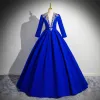 Vintage / Retro Royal Blue Beading Sequins Prom Dresses 2024 Ball Gown V-Neck Long Sleeve Floor-Length / Long Prom Formal Dresses