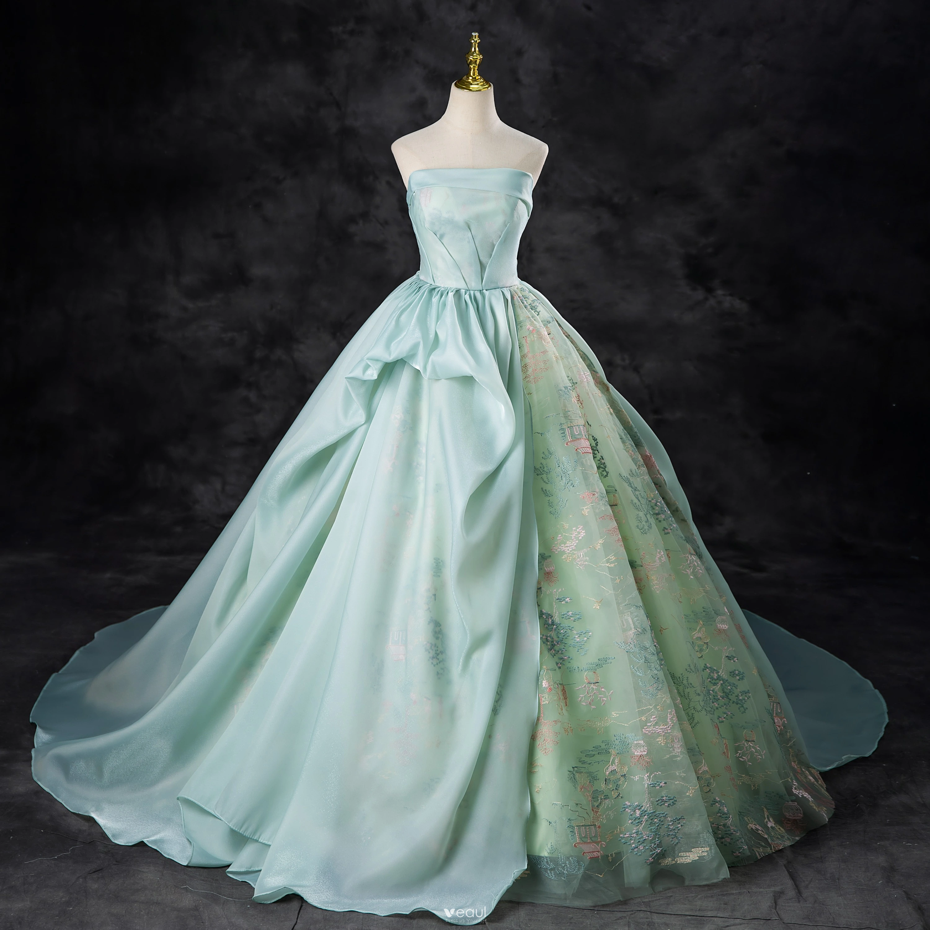 Chic Beautiful Mint Green Lace Flower Prom Dresses 2024 A-Line Princess Strapless Sweep