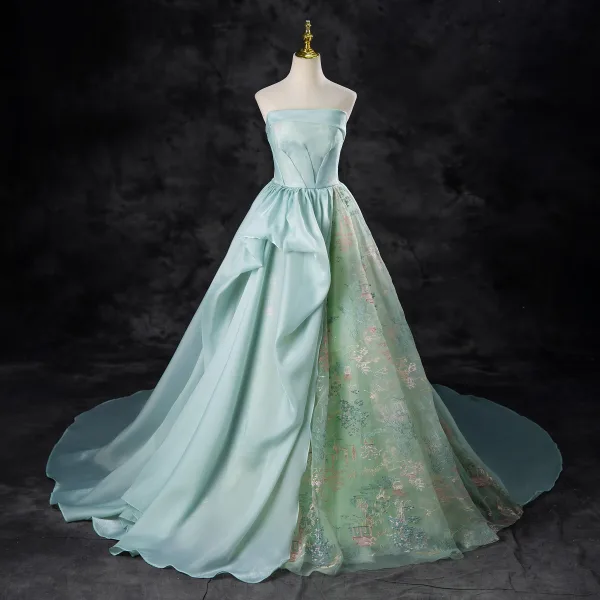 Chic / Beautiful Mint Green Lace Flower Prom Dresses 2024 A-Line / Princess Strapless Sleeveless Backless Sweep Train Prom Formal Dresses