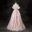 Chic / Beautiful Blushing Pink Pearl Sequins Lace Flower Prom Dresses 2024 A-Line / Princess Off-The-Shoulder Short Sleeve Backless Floor-Length / Long Formal Dresses