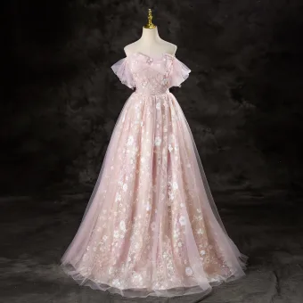 Chic Beautiful Blushing Pink Pearl Sequins Lace Flower Prom Dresses 2024 A Line Princess Off The Shoulder Short Sleeve Backless Floor Length Long Formal Dresses