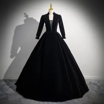 Vintage Retro Black Velvet Prom Dresses 2024 Ball Gown High Neck Long Sleeve Floor Length Long Prom Formal Dresses