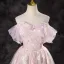 Chic / Beautiful Blushing Pink Pearl Sequins Lace Flower Prom Dresses 2024 A-Line / Princess Off-The-Shoulder Short Sleeve Backless Floor-Length / Long Formal Dresses